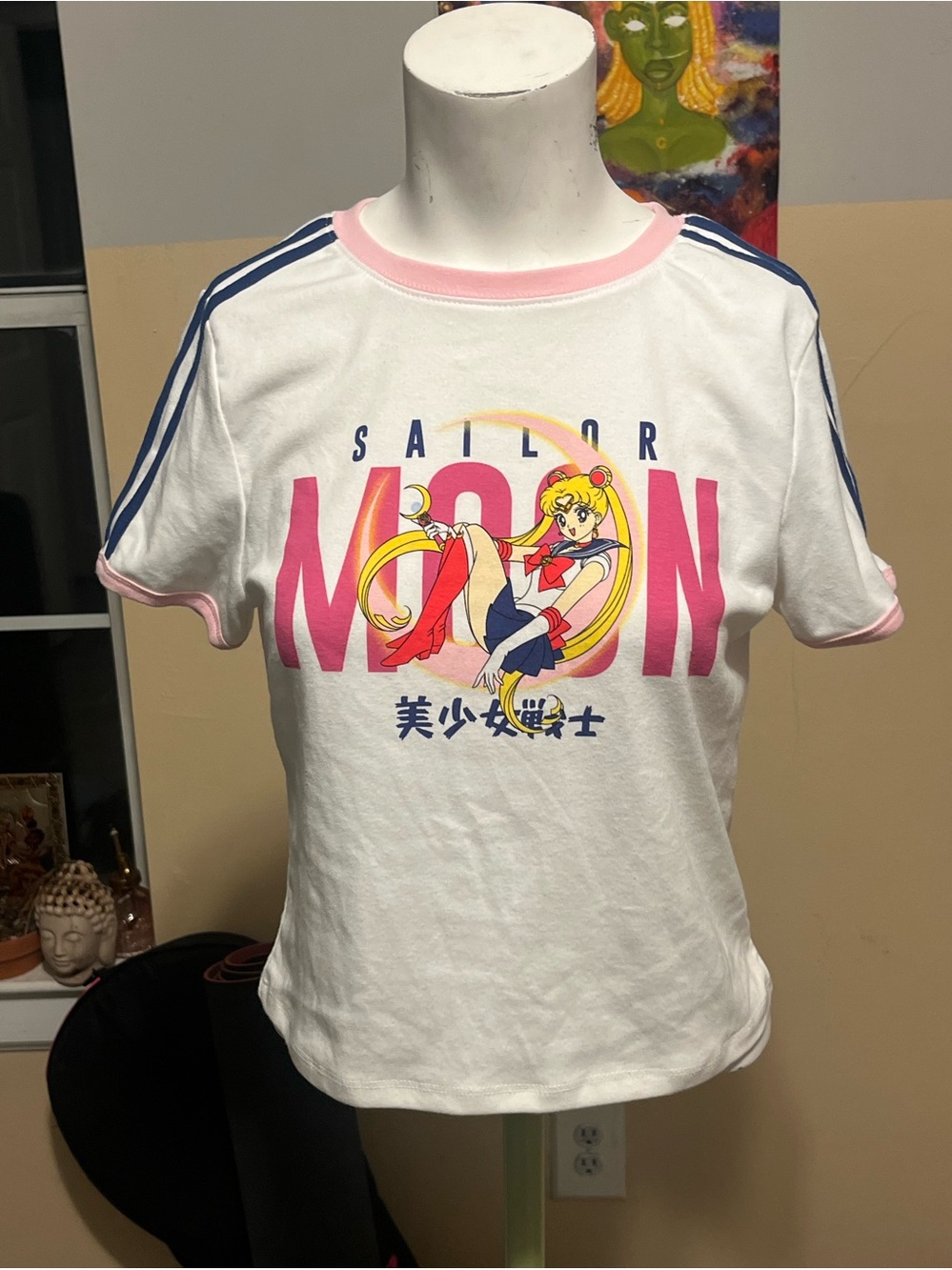 Hybrid Apparel White Sailor Moon Graphic Tee with Pink Trim and Blue Stripes